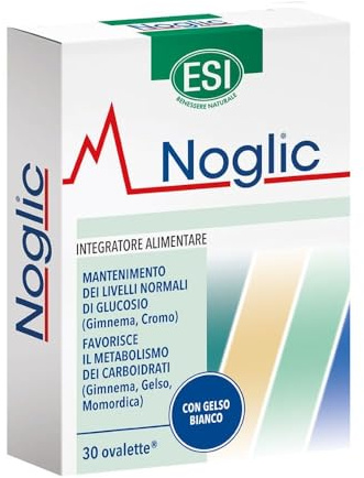 ESI Noglic, Integratore per il Controllo della Glicemia nel Sangue, con Gymnema Sylvestre, Cromo e Gelso Bianco, Stimola il Metabolismo dei Carboidrati, Riduce il Senso di Fame, 30 Ovalette