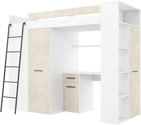 Hochbett mit Schreibtisch, Kleiderschrank und Bücherregal - Loftbett für Kinder - Komplettes Möbelset 236x120x190 cm - 90x200 cm Bettgröße - Linke Leiter - VERANA - (Weiß / Granada Mandel)
