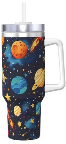 ZSUUGJ Space - Vaso aislado de 40 onzas con asa y tapa con pajilla, taza de viaje, taza de café, botella de agua reutilizable, ideal para coche, trabajo, regalo