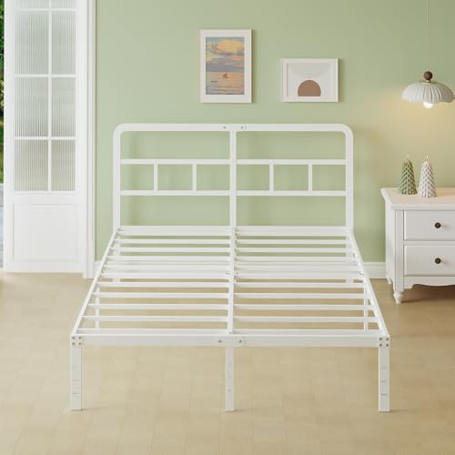 Lutown-Teen Metall Bettgestell 150x200 cm mit Kopfteil, 36cm Hoch, Weiß Bett mit Metall Lattenrost, King Size Bed, Metallbett mit Stauraum unterm Bett Weiss, Einfacher Aufbau, Weiß