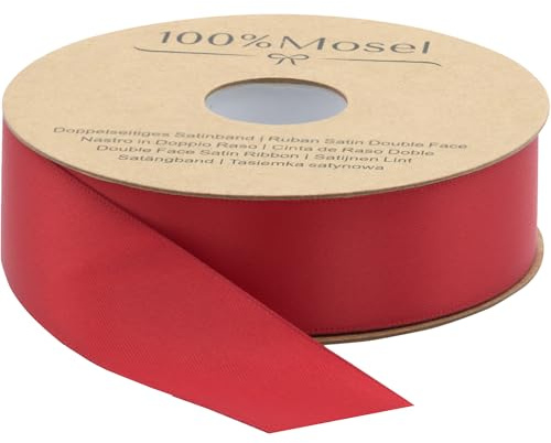 100% Mosel Satinband, in Rot (25 mm x 24 m), matt glänzendes Geschenkband | Edles Schleifenband zum Dekorieren, Basteln und Verpacken – für Weihnachten und Adventszeit