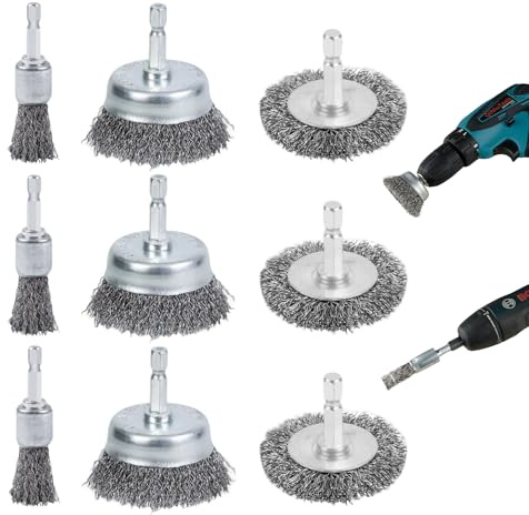 9 Piece Drill Wire Brush Set, High Carbon Steel Cup, Wheel and End Brushes with 1/4 Inch Shank for Rust Removal, Paint Stripping and Metal Polishing