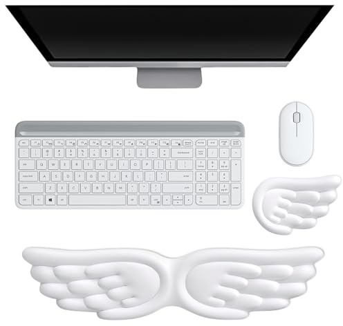 PRITOK 43×10cm Angel Wing Handgelenkauflage Set: PU-Leder Handgelenkstütze Mausmatte, Memory Foam Handballenauflage Tastatur Handgelenkauflage Ergonomisch für Büro und Gaming-Arbeitsplätze Ivory Weiß