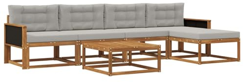 vidaXL Outdoor-Sofagarnitur mit Kissen 6 pcs Natur und Hellgrau, Patio-Lounge-Set, modernes Outdoor-Sofa, wetterfestes Gartenmöbel, Akazienholz