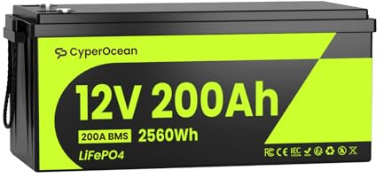 Batteria CyperOpean LiFePO4 da 12V 200Ah con BMS da 200A, Batteria al Litio da 2560Wh, Celle di Grado A per Veicoli Elettrici, Ricarica Rapida, IP65, per Impianti Solari, Camper e Sistemi Off-grid