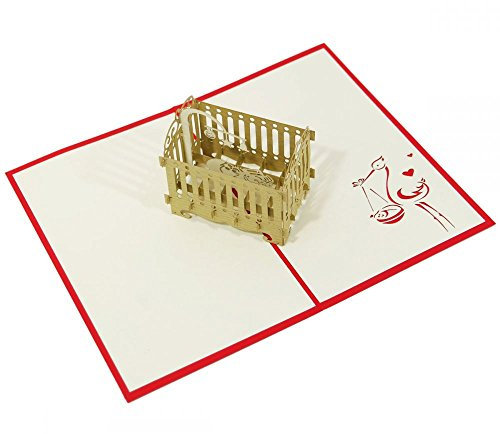 Babywiege - Klappkarte / 3D Pop-Up Karte - Glückwunschkarte zur Geburt, Grußkarte mit Baby im Kinderbett und Storch