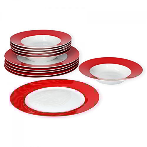 van Well Vario Speiseteller-Set 12-teilig - Tafel-Service für 6 Personen - flache Ess-Teller mit Ø 21,5cm & 6 tiefe Teller Ø 26,5cm - Porzellan-Service weiß mit Rand in Rot