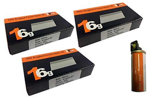 32mm + 38mm + 45mm 16g Angled Nails, 3 x 500 Pack + 1 x Fuel Cell for Paslode
