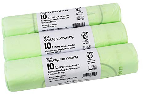 10L x 150 Tie Handle Compostable Kitchen Caddy Liners - Large Food Waste Bin Liners - EN 13432-10 Litre Tie-Handle Bags with Composting Guide