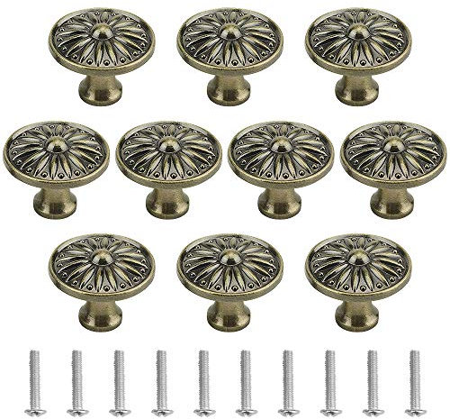 TOVOT 10PCS Antique Drawer Knobs 35MM Door Knobs with Screws Zinc Alloy Pulls Round Flat Handles for Cabinet Cupboard Furniture DIY