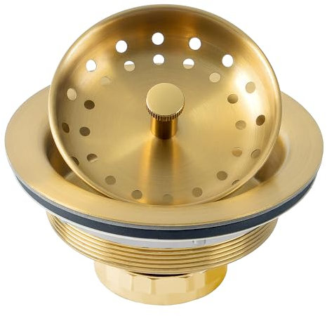 LQS Kitchen Sink Drain Assembly, Sink Drain Basket Strainer 304 Stainless Steel with Removable Sink Strainer Basket and Stopper 3-1/2-inches Gold