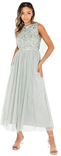 Maya Deluxe Vrouwen Midaxi Jurk Dames Mouwloze Pailletten Hoge Empire Taille Tule Versierd voor Bruiloft Gast Bal Bruidsmeisje, Bessen, 46