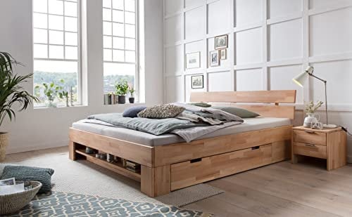 Schubladenbett Erich 180x200 cm Kernbuche geölt Rost Matratze Nako nach Auswahl Massivholzbett Stauraumbett Holzbett, Set-Inhalt:Bett + 1x Nako, Anzahl Bettschubkästen:inkl. 2x Bettschubkasten