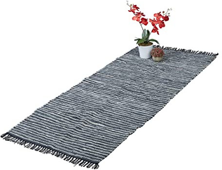 Relaxdays Flickenteppich, 80 x 200 cm, Baumwolle & Leder, Teppichläufer mit Fransen, rutschfest, Fleckerlteppich, grau