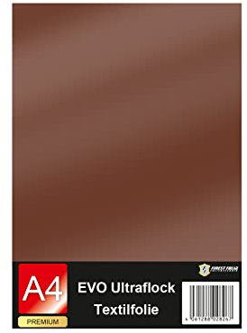 Evo Ultraflock Textilfolie für Plotter 33 Farben Flockfolie im Din A4 Format 30x20cm Plotterfolie für Stoff Kleidung T-Shirt Flock Folie Zubehör (1 Bogen, 028 Braun)