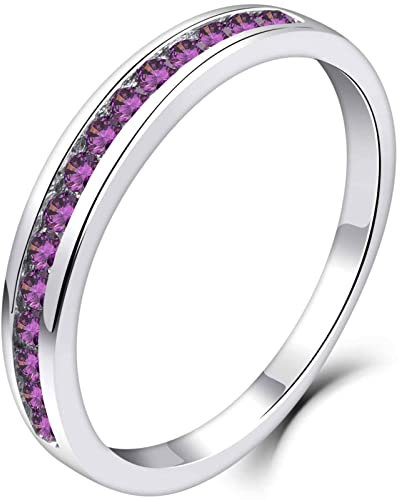 YL Damen Ewigkeitsring 925 Sterling Silber Schliff Februar Geburtsstein Amethyst Jahrestag Verlobungsring(Größe 56)
