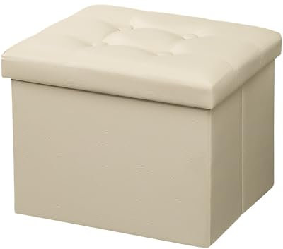 AmasSmile Ottomane Fußstütze Hocker, 43,2 cm, klappbarer Leder-Fußhocker, Bank, kurzer beigefarbener Ottomanhocker, Aufbewahrung, Fußstütze, Bücher