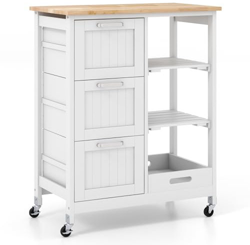 TANGZON Kitchen Storage Trolley on Wheels, Rolling Kitchen Island with Rubber Wood Worktop, Removable Tray, 2 Shelves & 3 Drawers, Utility Serving Cart for Home Dining Room Bar (White Body)