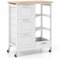 TANGZON Kitchen Storage Trolley on Wheels, Rolling Kitchen Island with Rubber Wood Worktop, Removable Tray, 2 Shelves & 3 Drawers, Utility Serving Cart for Home Dining Room Bar (White Body)