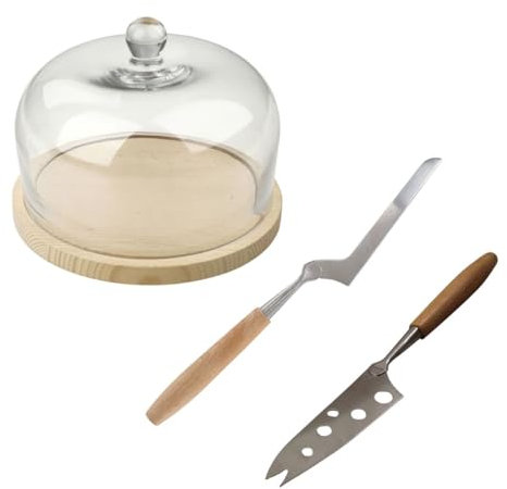 Fackelmann 9987850 Ensemble 3 pièces spécial dégustation et présentation du Fromage avec Cloche en Verre et Plateau en Bois et 2 Couteaux spécifiques à Fromage, Bois, Verre, INOX, de 11,5 à 15,5 cm