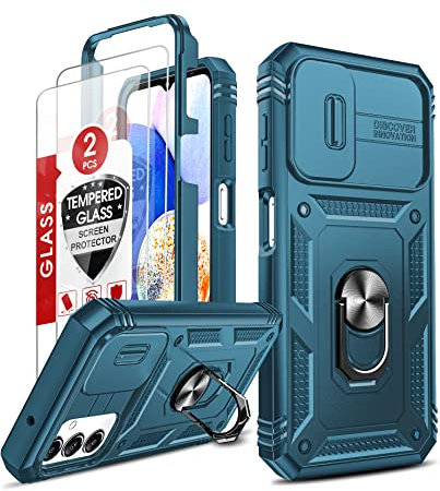 LeYi Coque pour Samsung Galaxy A14 4G/5G avec 2 Verre Trempé,Anneau Support,Protection de la Caméra en PC Dur Anti-Chut Renforcée Armor Heavy Duty Antichoc Bumper Housse Etui pour Galaxy A14 Bleu