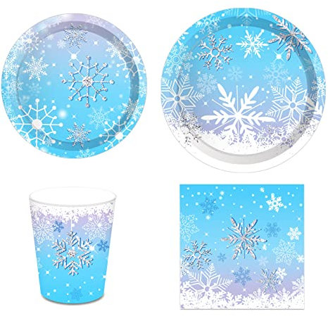 Dulousia Schneeflocken-Wunderland-Partyzubehör, Einweg, blau-weiß, gefrierendes Wintergeschirr, Weihnachtsschnee-Thema, Pappteller, Servietten, Becher für Hochzeit, Brautparty, Babyparty, 44 ct