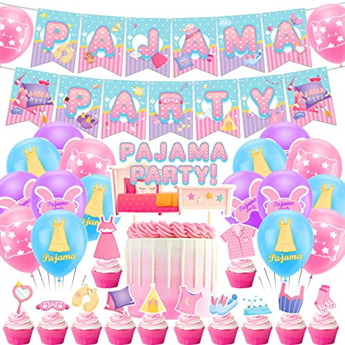 Pyjama Thema Party Pyjama Schlafzimmer Party Supplies Übernachtung Party Dekorationen Inklusive Pyjama Thema Banner Kuchen Topper Cupcake Topper Luftballons für Mädchen Spa Party Supplies