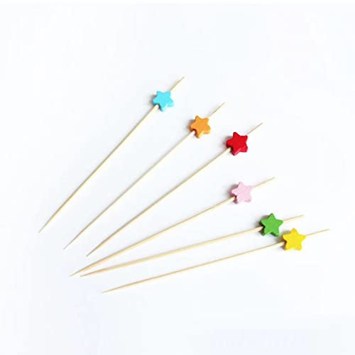 100 Palillos de Cóctel Bambú de 12 cm con Decoraciones, Palillos de Frutas para Tartas Suministros para Bodas, Pinchos de Cóctel, Pinchos Bonitos (star shape)