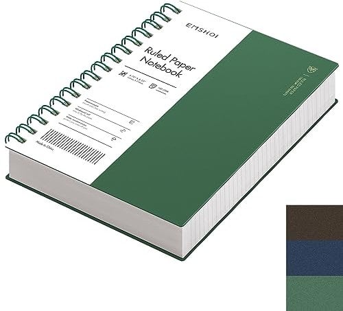 EMSHOI A5 Notebook Lined 300 Pages/150 Sheets, Wirebound Spiral Notepad, 100gsm Thick Paper, Waterproof Hardcover, Writing Journal for Women Men Work Office School, 14.5 x 21cm, Dark Green