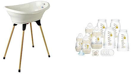 THERMOBABY - Kit Baignoire Bébé - Vasco - Baignoire & Tuyau De Vidange - Blanc Muguet & Mam Ensemble de 8 biberons, 1 tétine Start Nanò, 4 disquettes, 1 bec souple et poignées, couleur beige