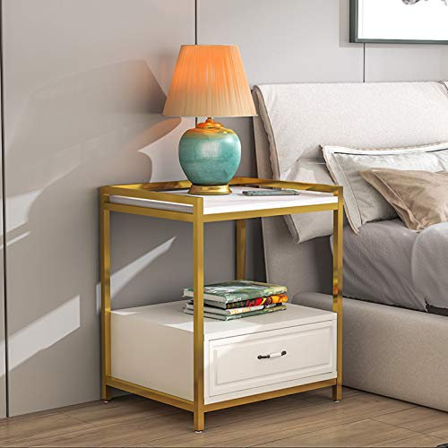 Metall-Beistelltisch mit Schublade, abnehmbarer quadratischer Beistelltisch, Tabletttisch, stabiler Couchtisch mit Metallrahmen, wasserdichter Snack-Tisch für Zuhause, Sofa, Gold, A, 40 x 40 x 52 cm