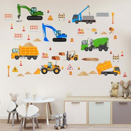 Amimagen Wandtattoo Baufahrzeuge Wandaufkleber – LKWs Bagger und Traktoren Wandsticker – Kinderzimmer Jungenzimmer Spielzimmer Kindertagesstätte Wanddeko