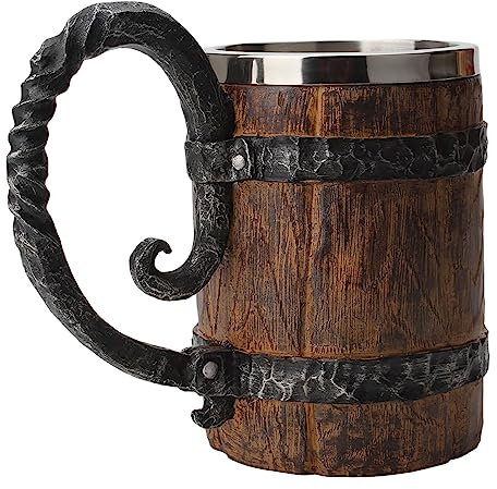 Lambo 550 ML Chope À Bière Seau Antique, Viking Chope À Bière Corne À Boire Verre À Bière Inoxydable Whisky Barrel Cup Tonneau en Bois Chope À Bière Fait À Main pour Home Bar