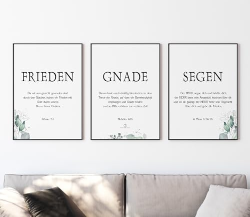 timalo SALT-AND-LIGHT® Christliche Wandbilder Bibelverse Deutsch Poster 3 Stück im 3er Set Wanddeko Wohnzimmer Deko Schlafzimmer | Frieden, Gnade, Segen | A3