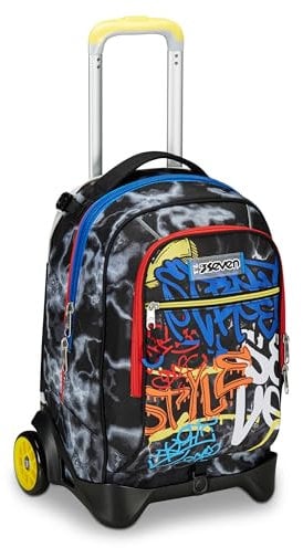 Seven Trolley Scuola Jack 2 Ruote, Nero Giallo, Mark On Boy, 3 in 1, Triplo Uso, Zaino Con Carrello Sganciabile, Tasca Porta Borraccia e Crossover System, Zaino Scuola Viaggio, Bambino Ragazzo