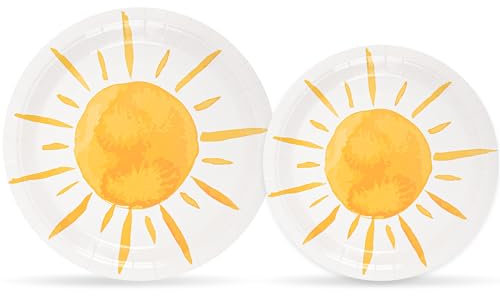 48 Stück Boho Sun Party Teller First Trip Around The Sun Pappteller Sonnenschein Babyparty Einweggeschirr für Groovy Hippie Geburtstag Party Dekor Supplies