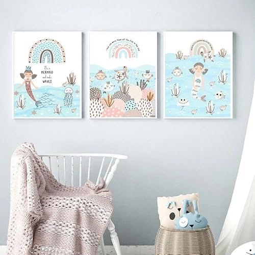 Nordic Meerjungfrau Quallen Schildkröte Whale Anzahl Alphabet Wand Kunst Leinwand Malerei Poster Und Drucke Wand Bilder Kinderzimmer Dekor 30Cmx40Cmx3Pcs Kein Rahmen