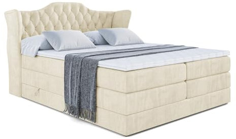 ALTDECOR Boxspringbett mit Matratze und Lattenrost, Topper, Polsterbett mit Bettkasten, Bett mit Stauraum H3- und H4- Matratze, Doppelbett, Springboxbett - Vila King - 140x200 - Beige Monolith