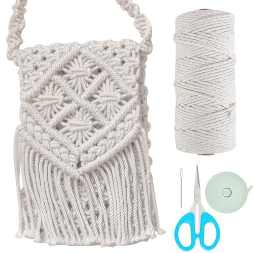 INFUNLY DIY Makramee-Taschen-Set Für Erwachsene Anfänger Mädchen Makramee-Kordel-Set Mit Quasten Bohemian-Handarbeit Knüpf-Handtaschen-Set Mit Video Und Anleitung Häkeltaschen-Set Für Frauen Urlaubs-