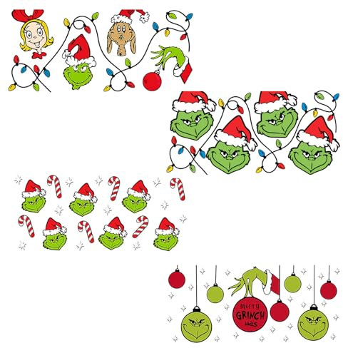 HAICN 4Pieces Grinch Cup Wrap Transfer Stickers Glass Wrap Transfer Sticker Cute Themed Cartoon Pattern on Transfers Decals for DIY Crafts Vintage