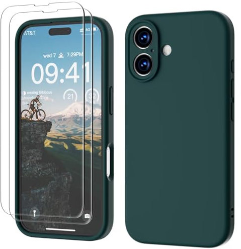GOODVISH 3 IN 1 for iPhone 16 Case 6.1 inch, Upgraded Camera Protection, 2X HD Screen Protector, Liquid Silicone Anti-Scratch Shockproof Gel Rubber Anti-Fingerprint Phone Case Cover, Dark Green