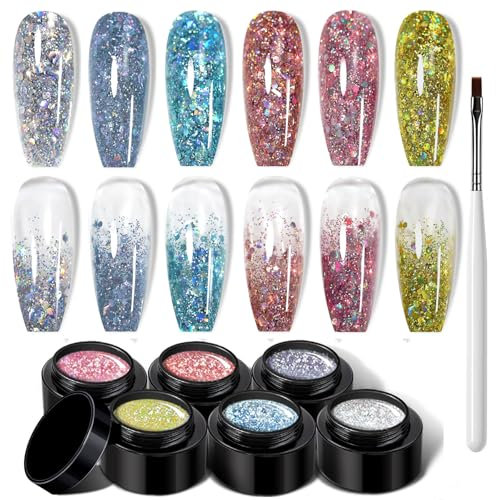 BUDOCI 6 Fraben UV Nagellack Glitzer,Glitzer Gel für Nägel Hell Rosa Nagelgel Shiny Reflective Gel Nail Polish Gelnägel für anfänger Nagelstudio