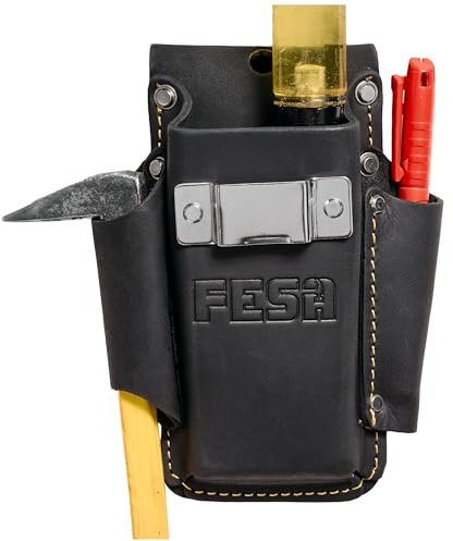 FESA Kleine Werkzeugtasche aus Leder, 4-in-1, schweres genarbtes Leder, kleine Werkzeugtasche mit Stahlbandclip, 3 Taschen und verstärkten robusten Nieten, passend für Gürtel bis zu 7,6 cm,