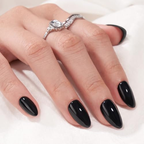 BTArtbox Black Short False Nails - Almond Press On Nails with Nail Glue, 32 PCS Stick On Nails Fit Perfectly & Natural Reusable, Soft Gel Fake Nail in 16 Sizes, Black Velvet