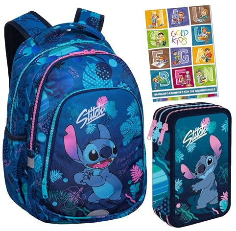 Goldkids - Schulranzen für Jugend - Schul-Rucksack für Frauen Mädchen mit Federmäppchen 3 Fächer Gefüllte Schüleretui 44-teilig und Hausaufgabenheft - Lilo und Stitch Motiv