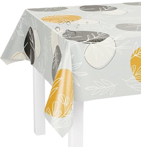 LILENO HOME Tischdecke abwaschbar als Meterware 220x140cm (Schnittkante) in Kreise und Farne grau Motiv - Wachstuchtischdecke wasserabweisend ideal als Tischtuch o. Tischläufer für Bierzeltgarnitur
