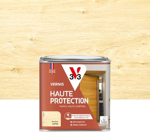 V33 Vernis bois extérieur Incolore satin - Haute Protection - Haute résistance rayures et UV - Anti-goutte et tendu bon - Ecolabel - 0,5L