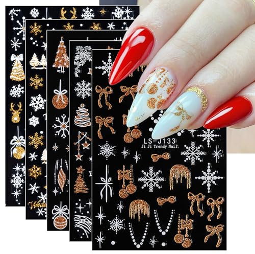 JMEOWIO Nagelsticker Weihnachten Glitzer 8 Blatt Nail Art Sticker Selbstklebend Nagelaufkleber Schneeflocke In Silber Dekoration Nageldesign Zubehör