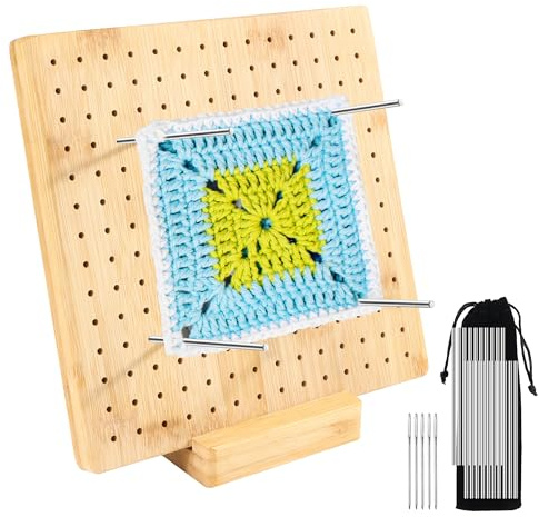 Handcrafted Wooden Blocking Board Häkeln,Sperrbrett für Granny Square mit 20 Edelstahl-Stabstiften Sperrbrett Häkeln Holz für Häkel und Strickprojekte 20 x 20 cm