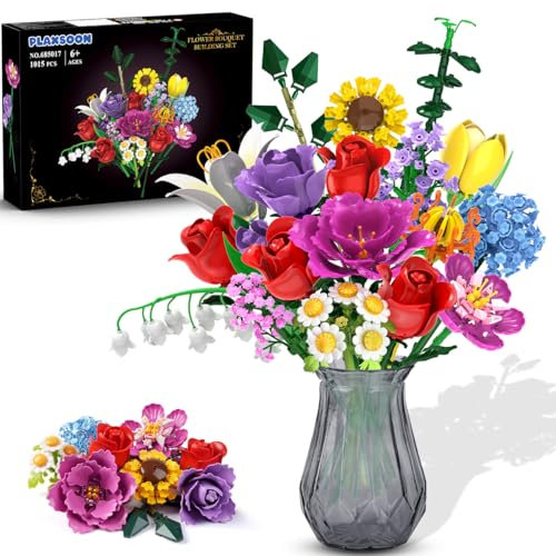 PLAXSOON Blumen Bauspielzeug für Erwachsene, 18 Blumen Valentinstag Rosen Bausteine, Botanical Collection Bauklotz Spielzeug Pflanzen Home Deko 1015 Stück, Geschenk für Freundin Freund Mädchen 6+